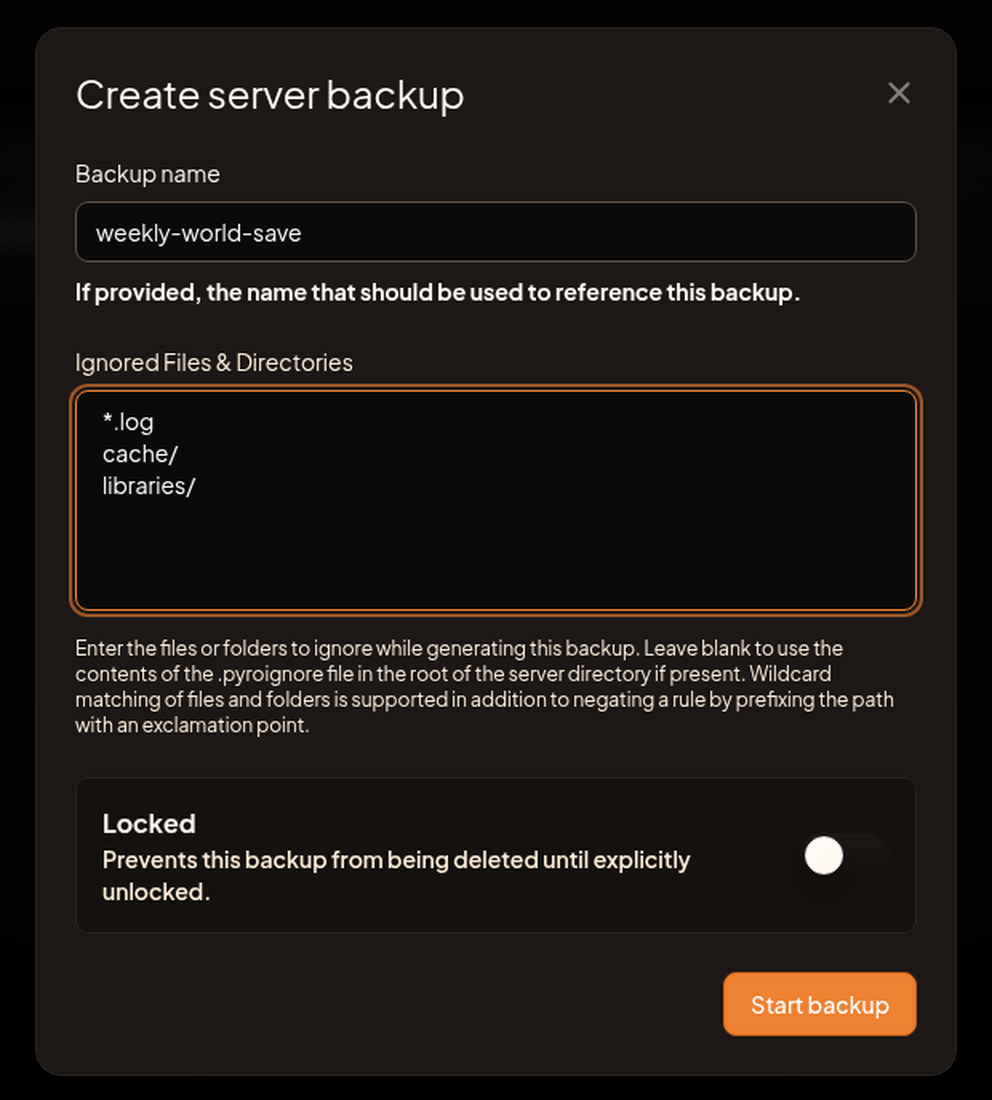 The Create server backup dialog showing the Backup name field, the Ignored Files and Directories textarea, and the Locked switch.