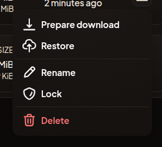 A finished backup's action menu open, showing Download, Restore, Rename, Lock, and Delete.