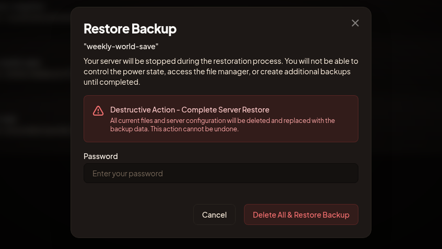 The Restore Backup dialog with the destructive-action warning, the account password field, and the Delete All & Restore Backup button counting down.