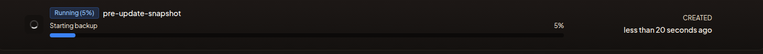 A backup entry mid-run with the blue Running badge, progress bar, and percentage.