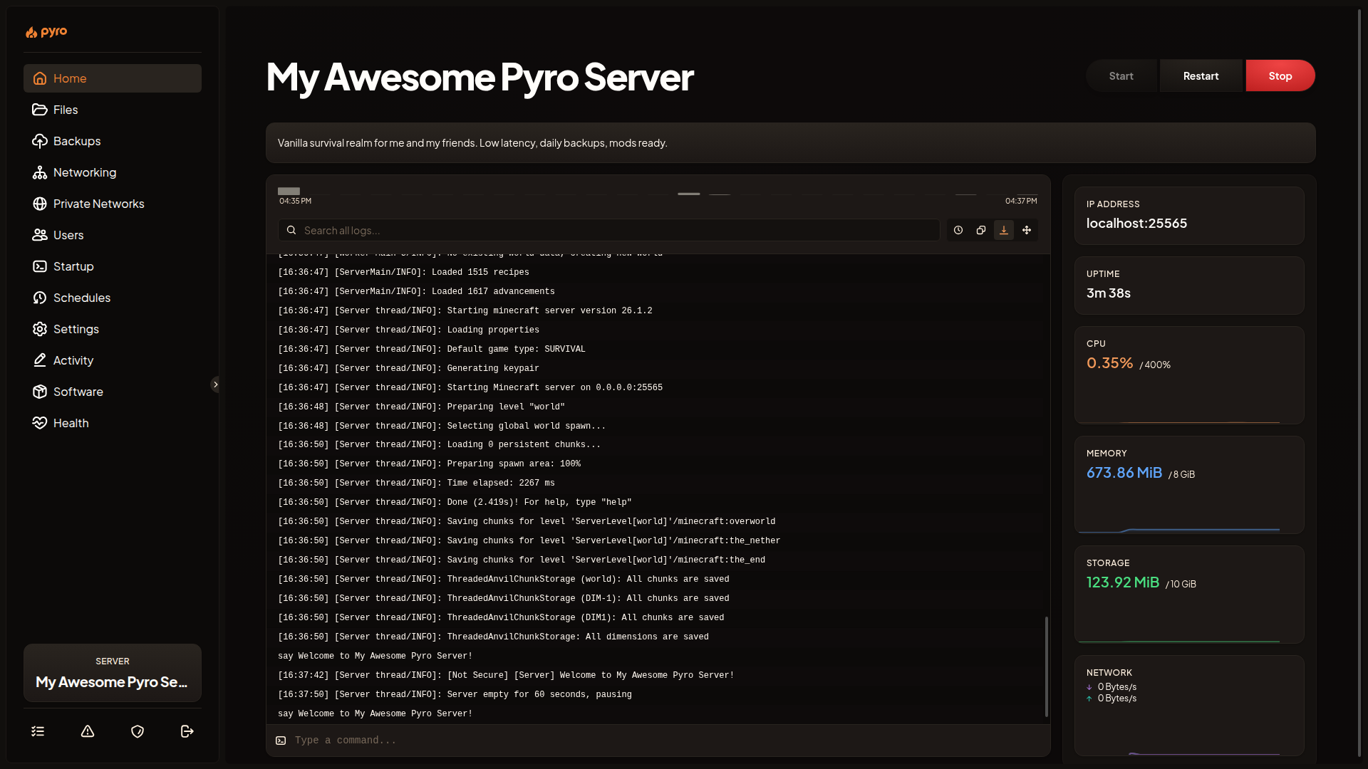 The server Home tab: server name and power buttons at the top, the live console in the main column, and the stat cards in the right sidebar.
