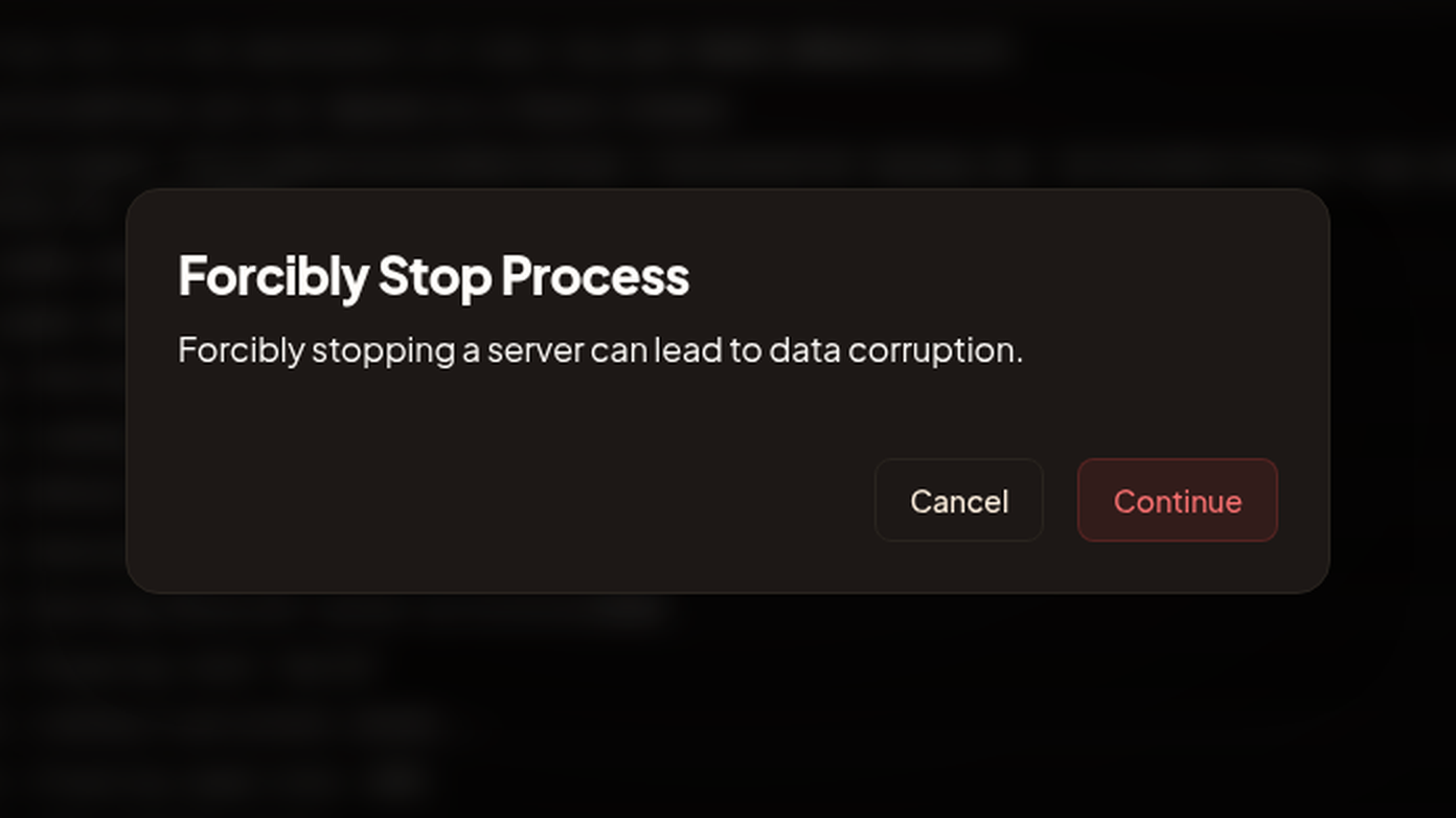 The Forcibly Stop Process confirmation dialog with the Continue button.