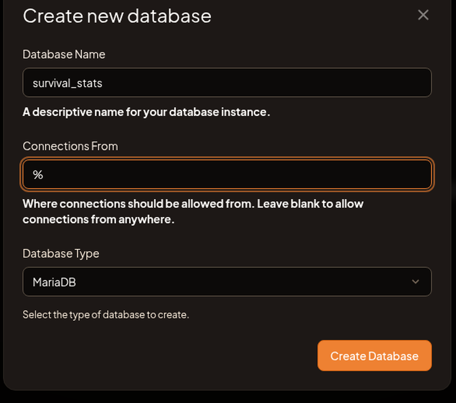 The Create new database dialog with the Database Name and Connections From fields and the Create Database button.