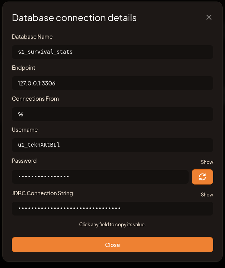 The Database connection details dialog showing Database Name, Endpoint, Connections From, Username, Password, and the JDBC Connection String.