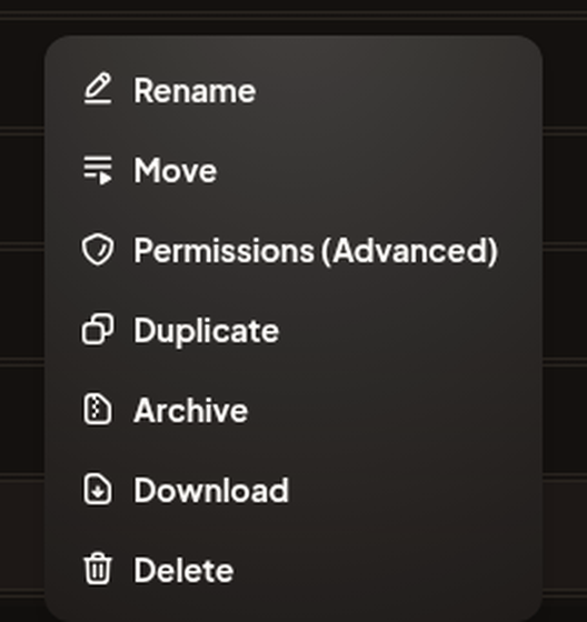 The right-click context menu on a file showing Rename, Move, Permissions, Duplicate, Archive, Download, and Delete.