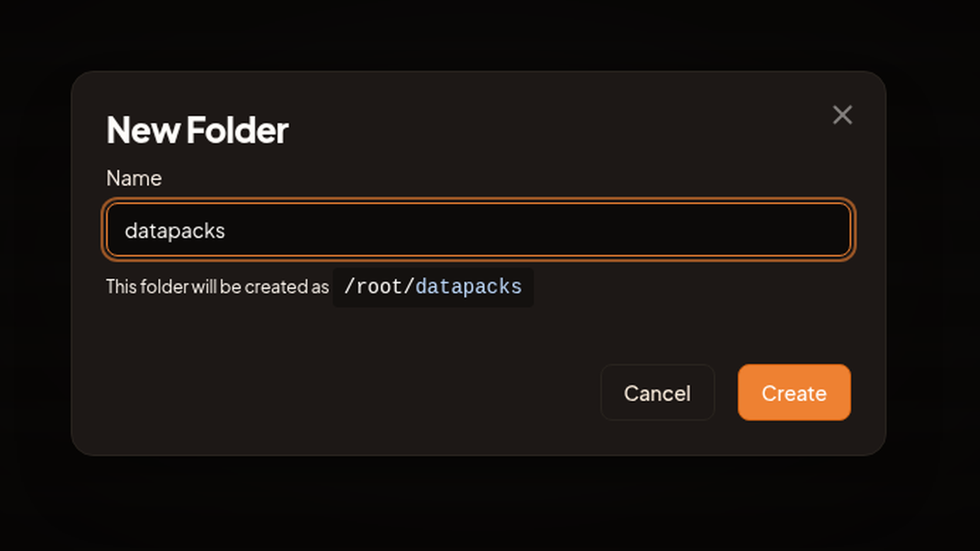 The New Folder dialog showing the Name field and the /root/ path preview underneath.