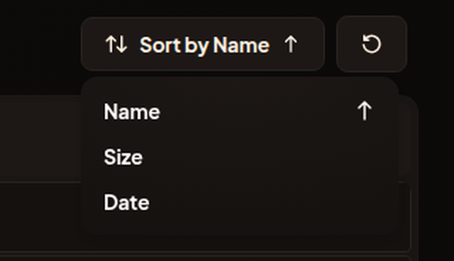 The Sort by dropdown open showing Name, Size, and Date with the refresh button alongside.