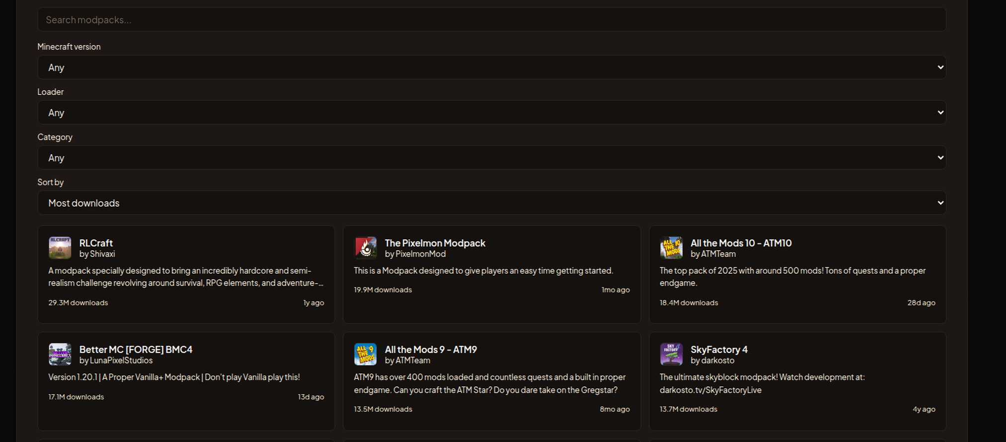 The modpack browser grid with the search box and filter controls above it.
