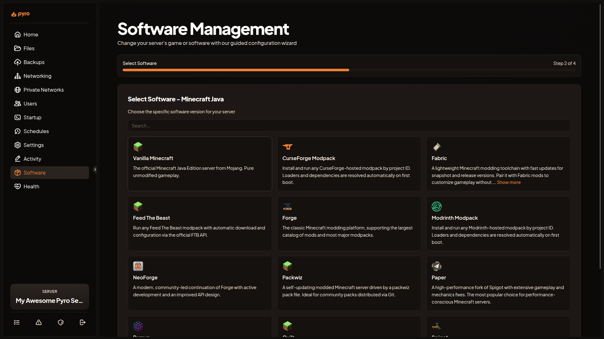 The Select Software step listing the egg options for a category.