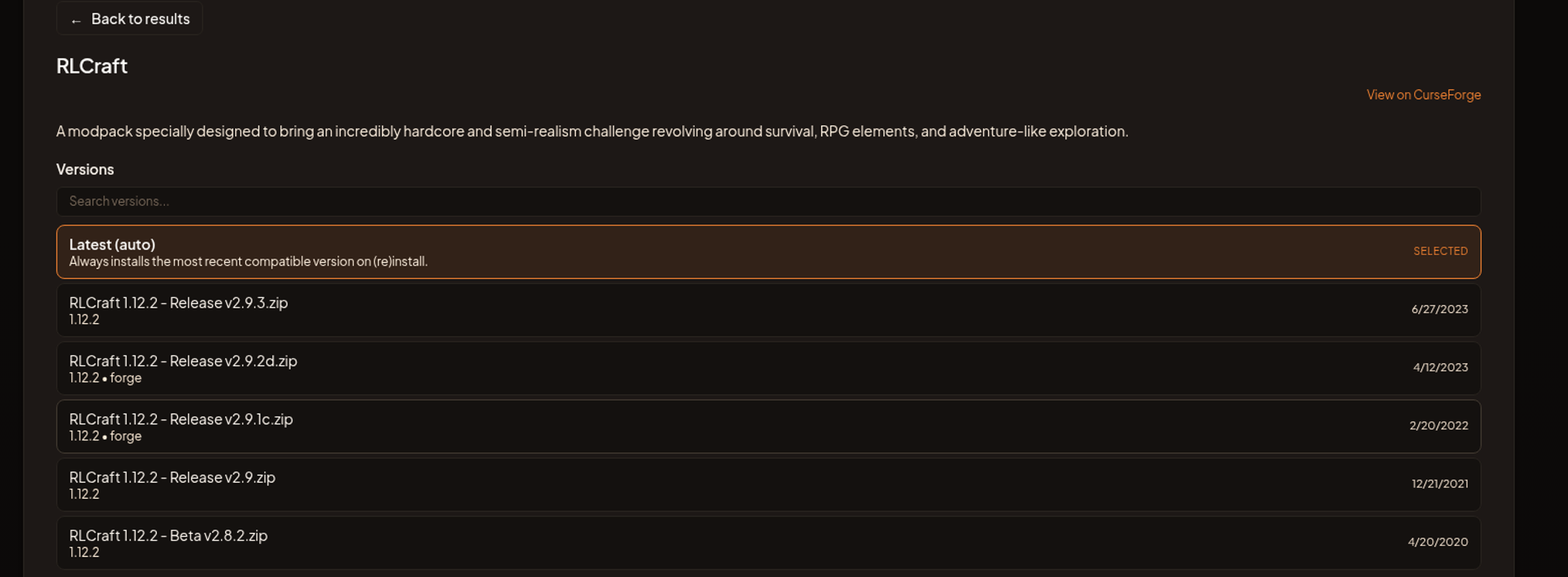 A modpack detail view with the gallery, summary, and the version list.
