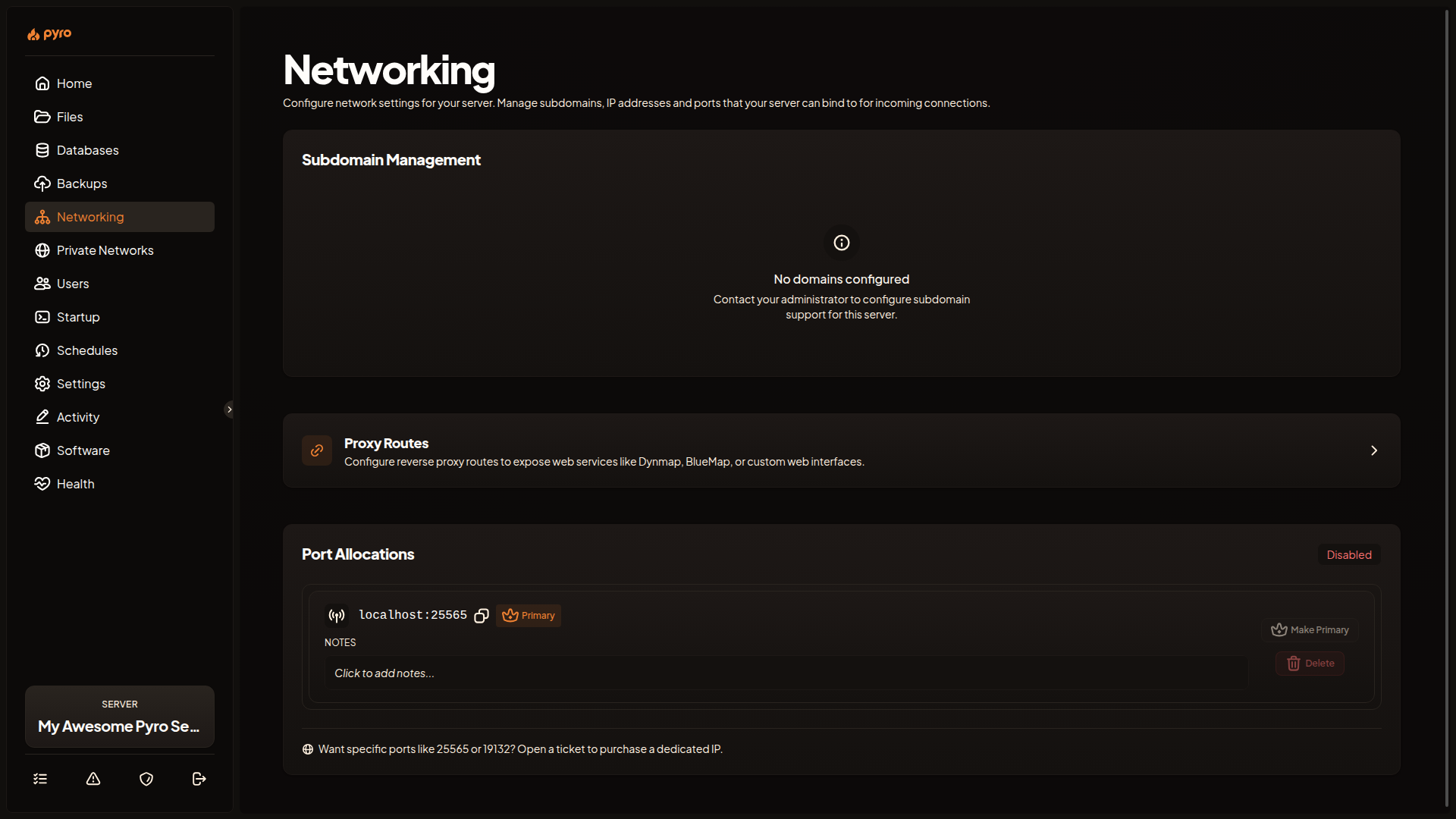 The Networking page showing the Subdomain Management card, the Proxy Routes link card, and the Port Allocations list.
