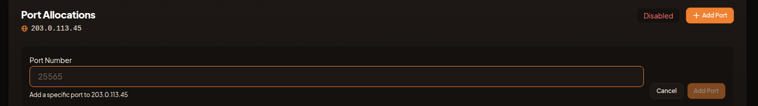 The Add Port form on a dedicated IP showing the Port Number field with Cancel and Add Port buttons.