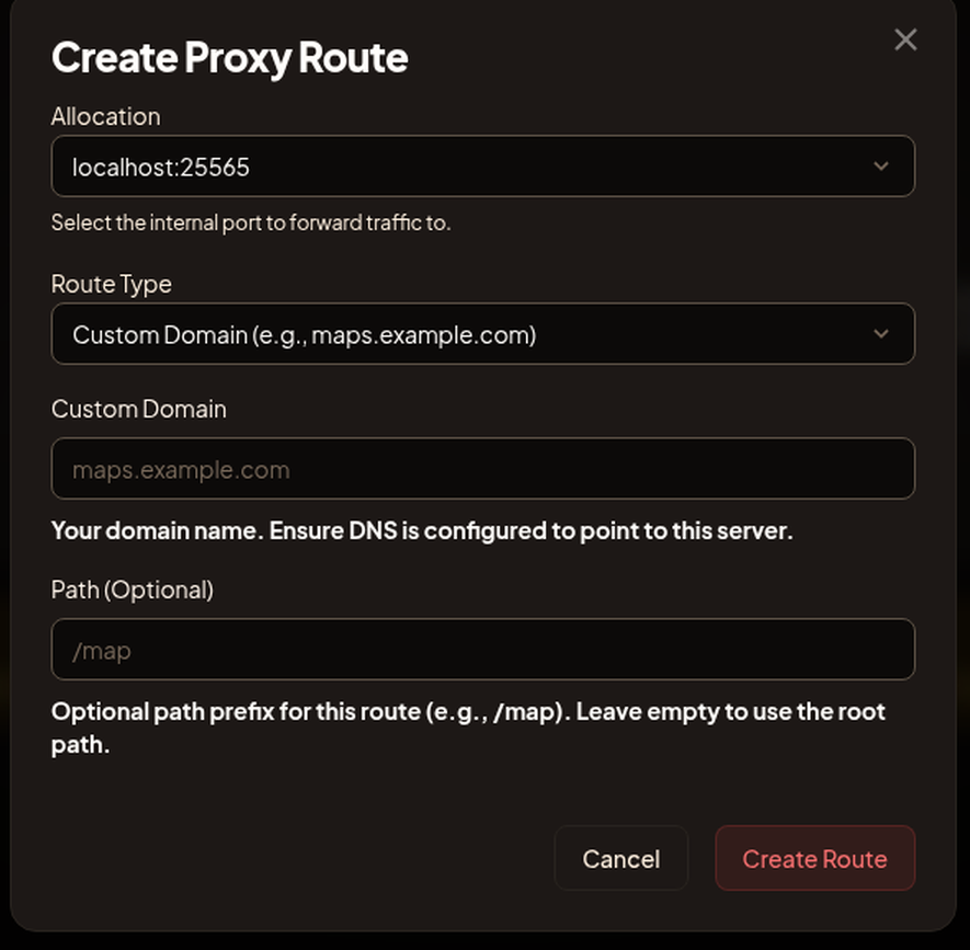 The Create Proxy Route dialog showing the Allocation select, the Route Type dropdown, and the Path field.