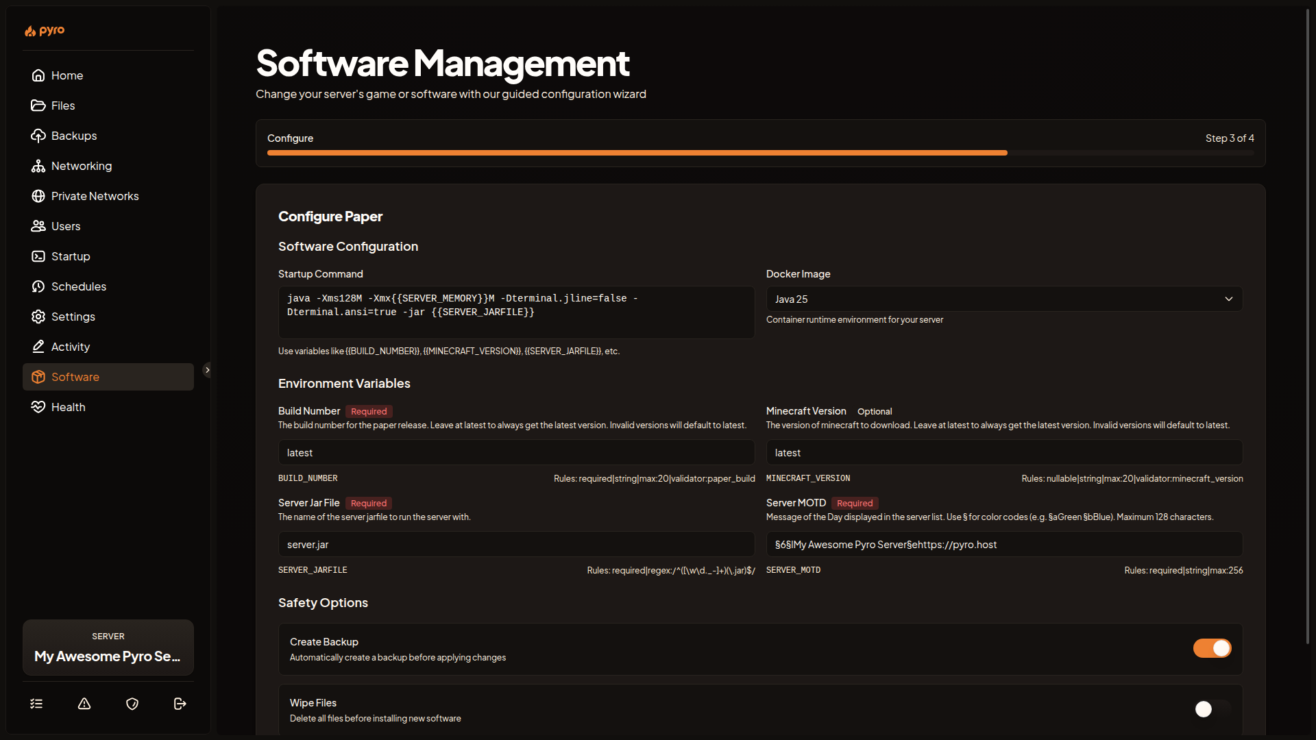 The Configure step showing the Startup Command, Docker Image dropdown, and a variable with a Required tag.
