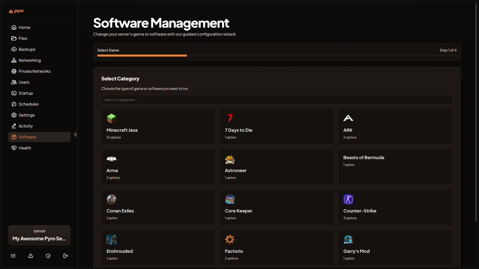 The Select Category step with the search box and the grid of game and software cards.