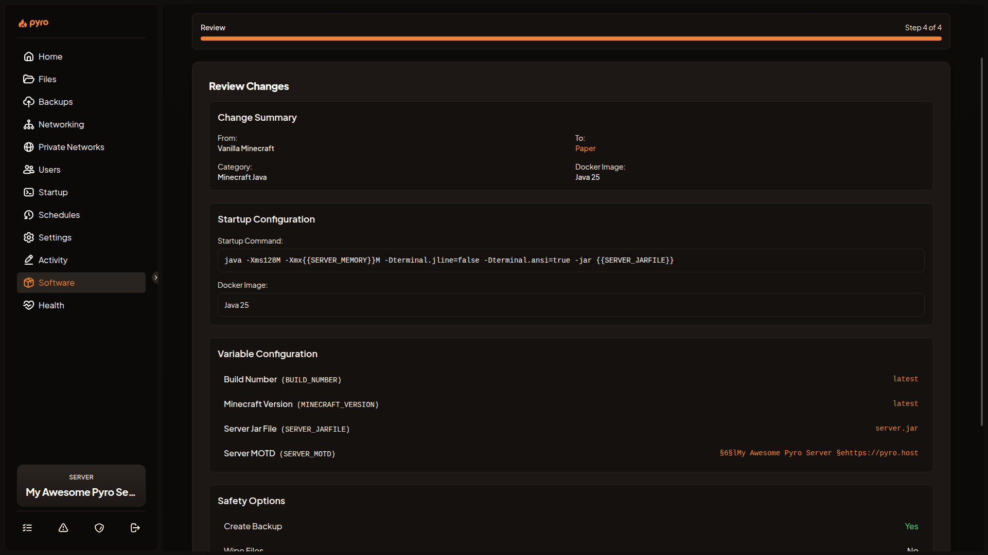 The Review Changes step with the Change Summary and the This will warning panel.