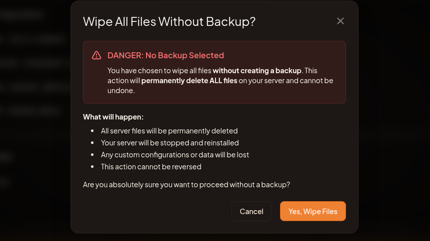 The Wipe All Files Without Backup danger dialog with the countdown on the confirm button.